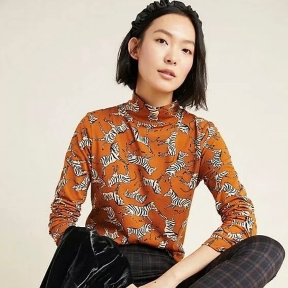 Nwot Anthropologie MAEVE Zebra Print Mock Neck Knit Top Maize Shirt ~ Small